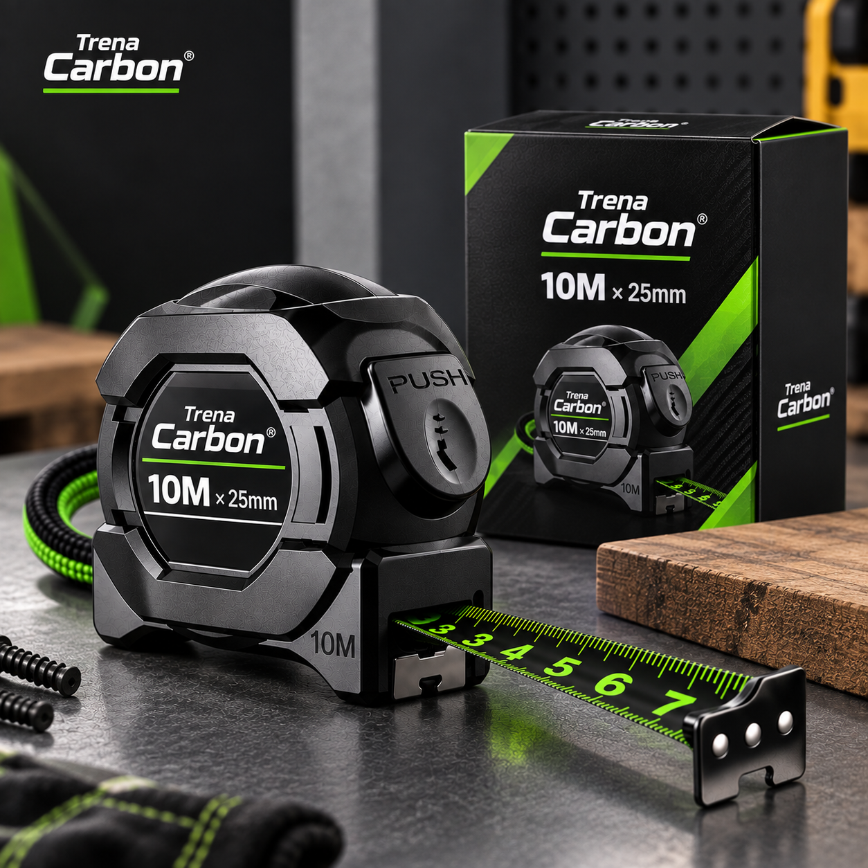 Trena Carbon® 10m x 25mm ao lado da embalagem